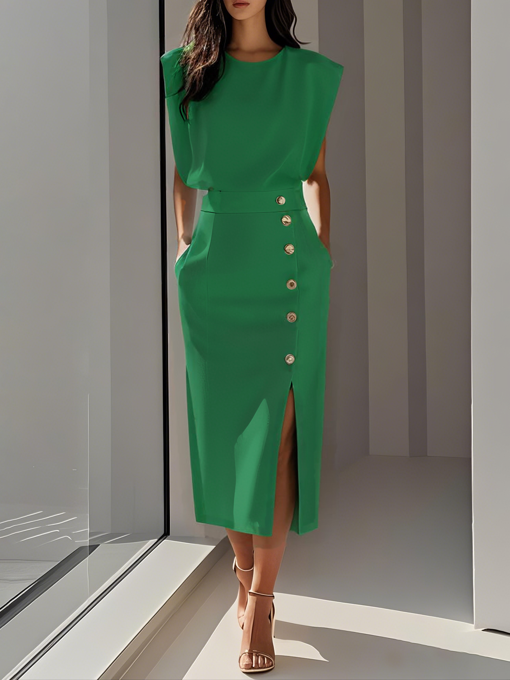 Sleeveless Midi Dress with Button Side-Slit Design