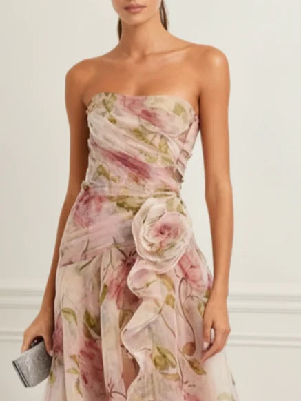 Tulle Strapless Dress with 3D Floral Design