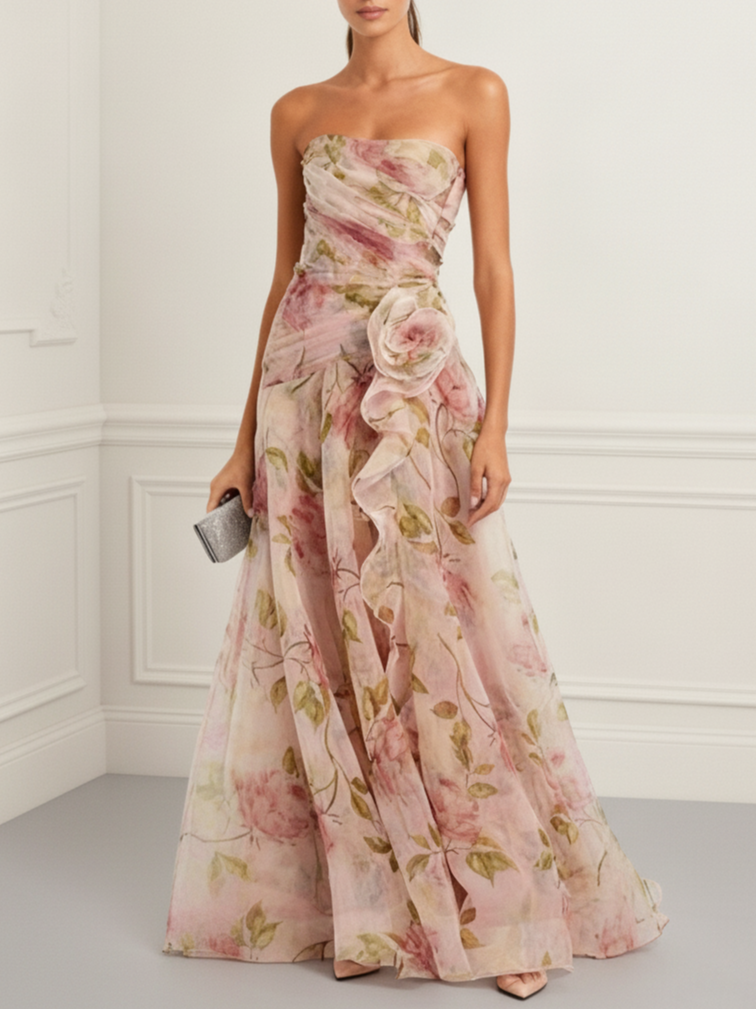 Tulle Strapless Dress with 3D Floral Design