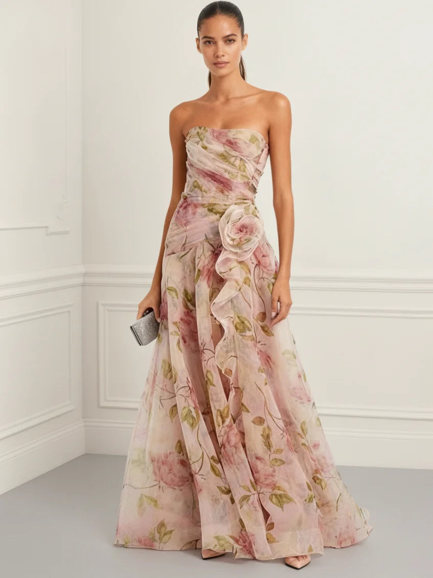 Tulle Strapless Dress with 3D Floral Design