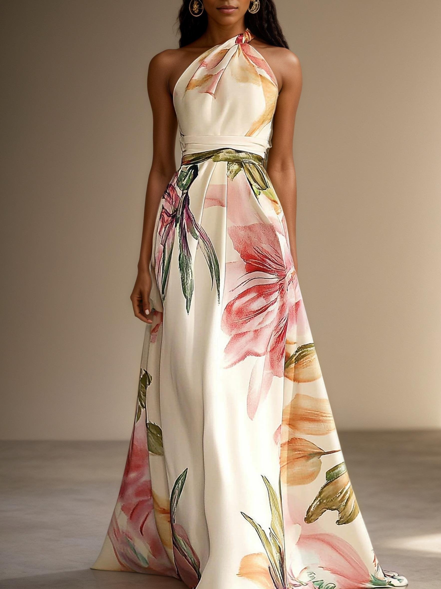 Floral One Shoulder Floor-length Gown With Pockets