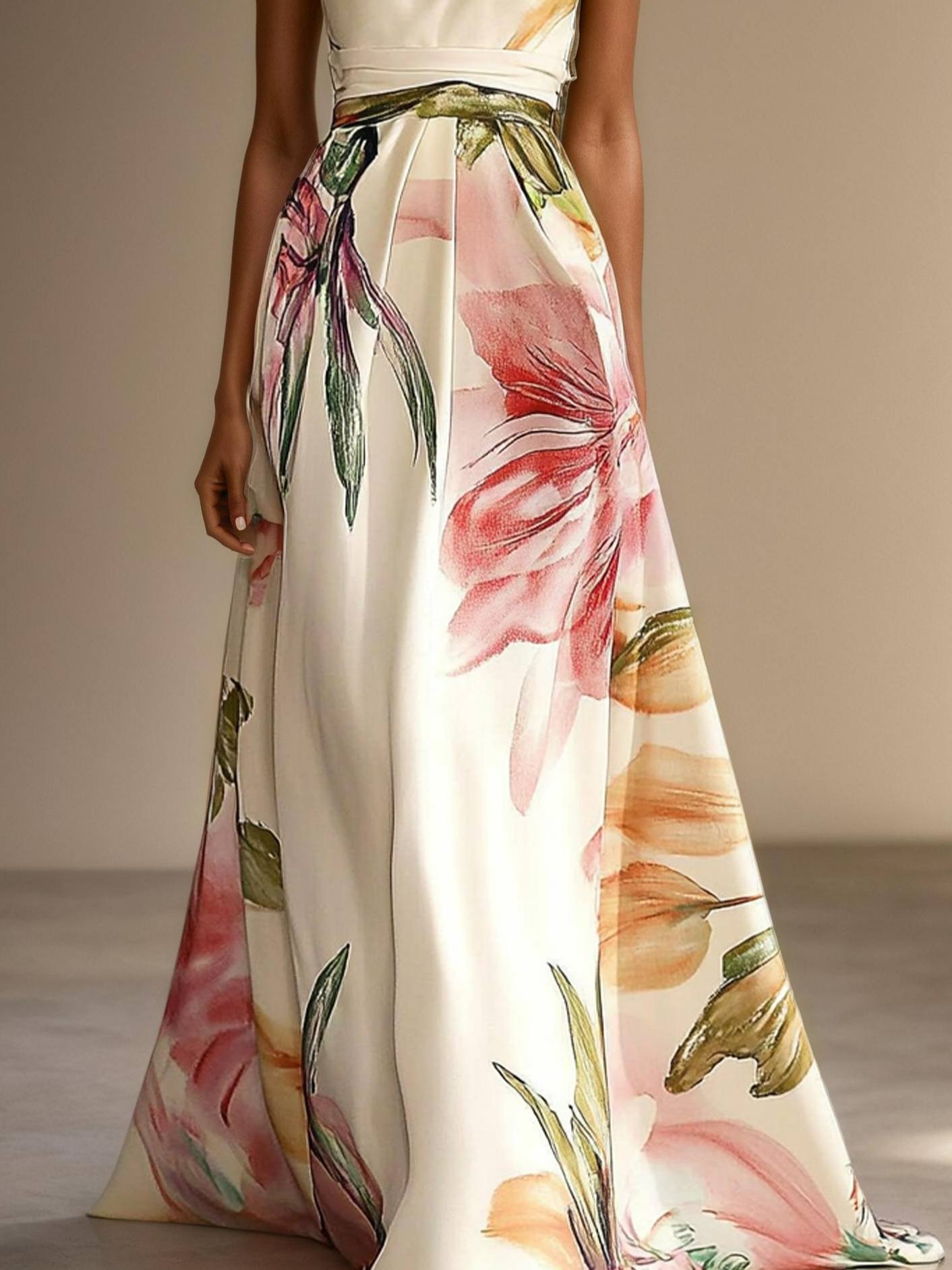 Floral One Shoulder Floor-length Gown With Pockets