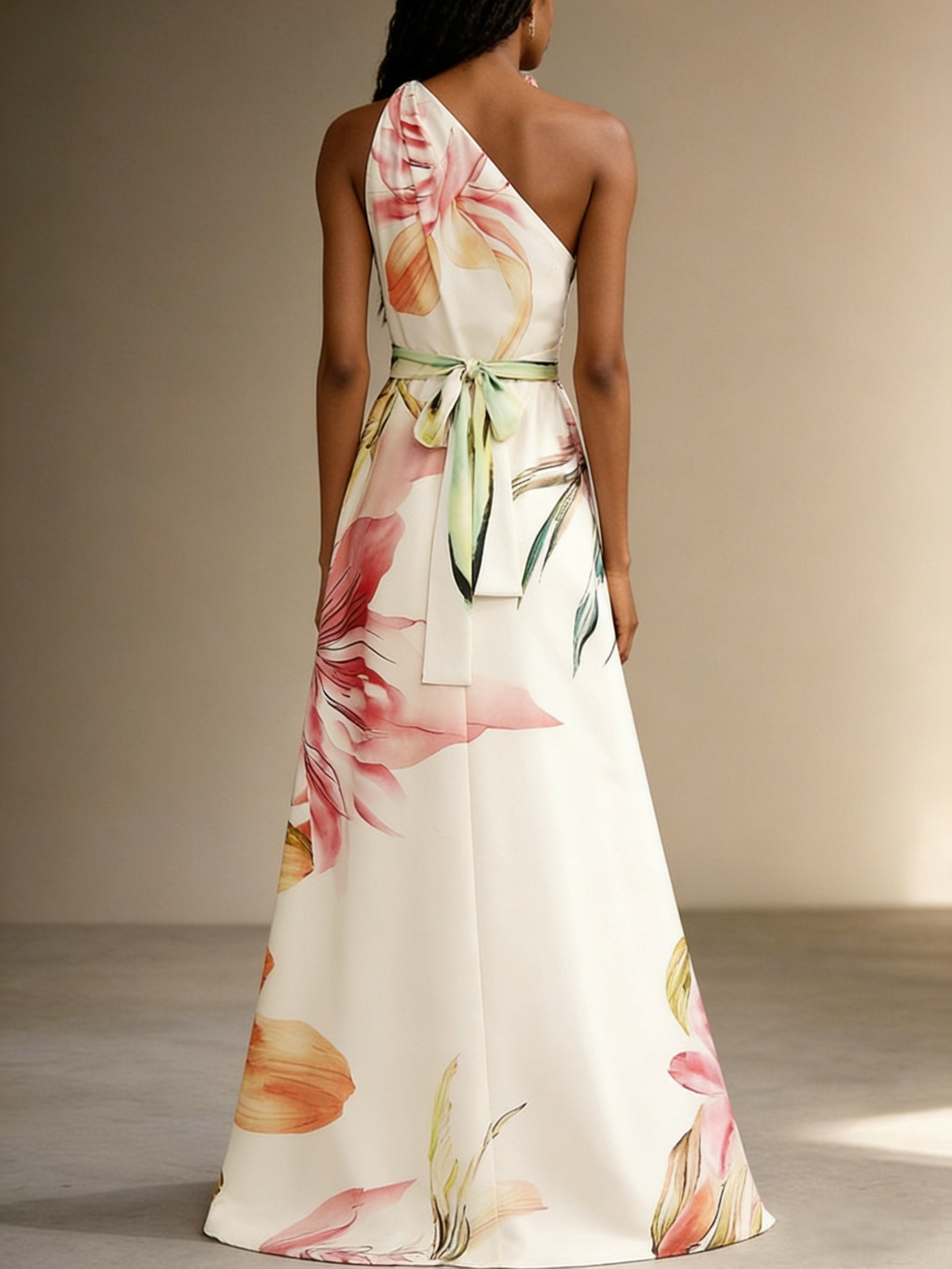 Floral One Shoulder Floor-length Gown With Pockets