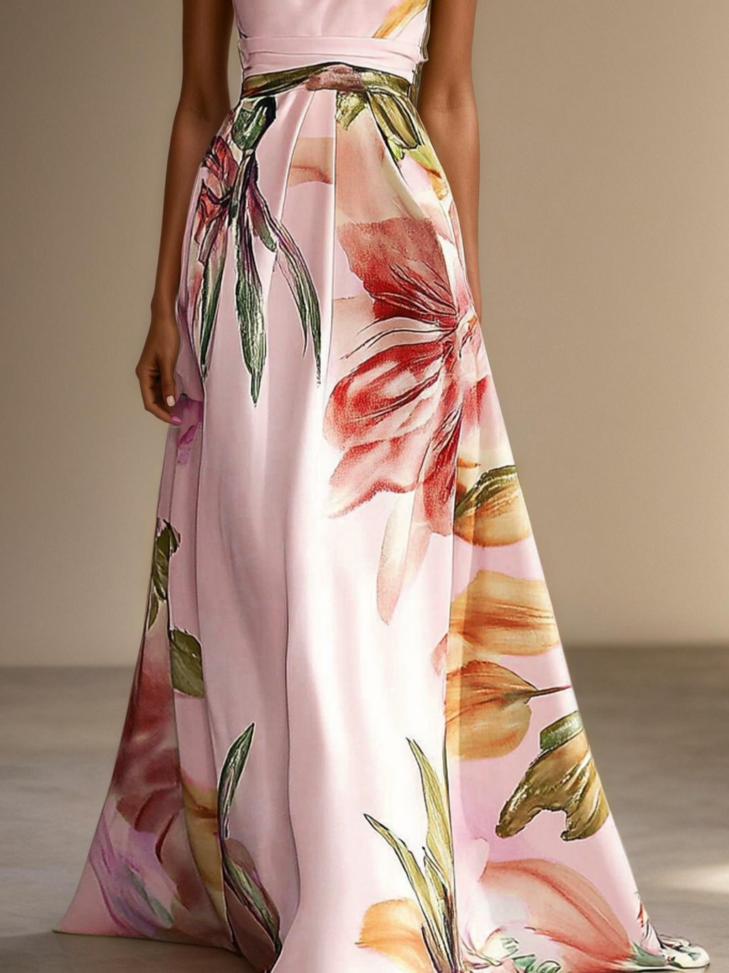 Floral One Shoulder Floor-length Gown With Pockets