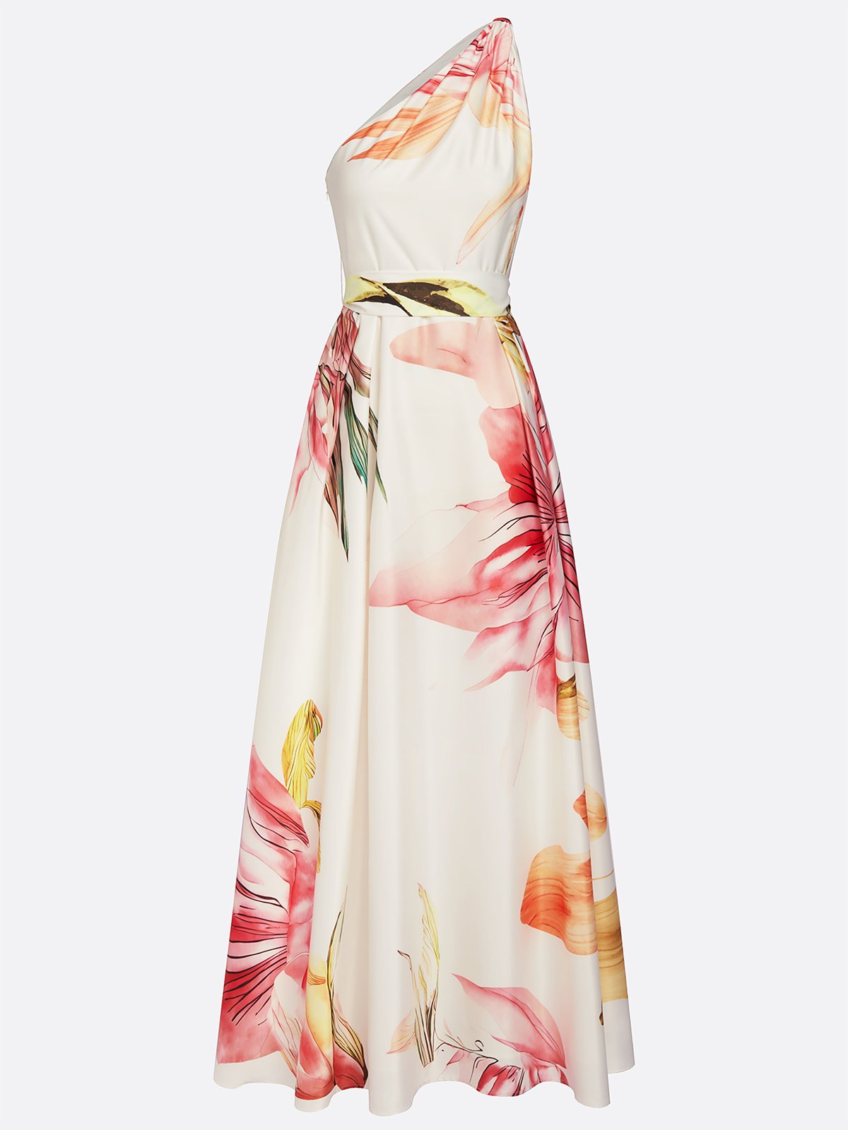 Floral One Shoulder Floor-length Gown With Pockets