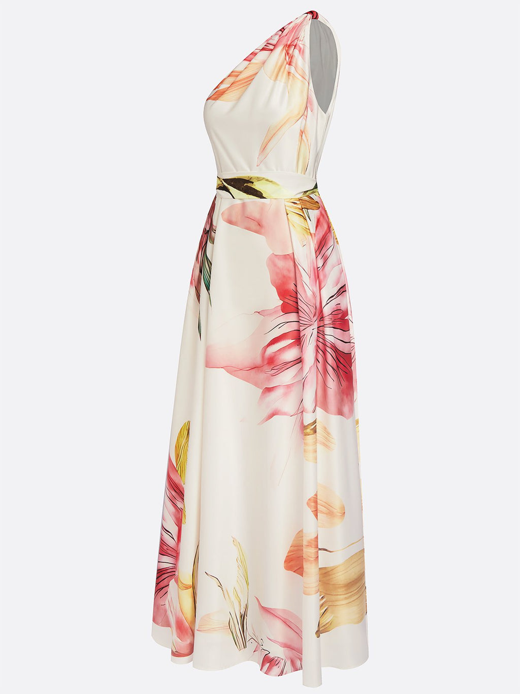 Floral One Shoulder Floor-length Gown With Pockets