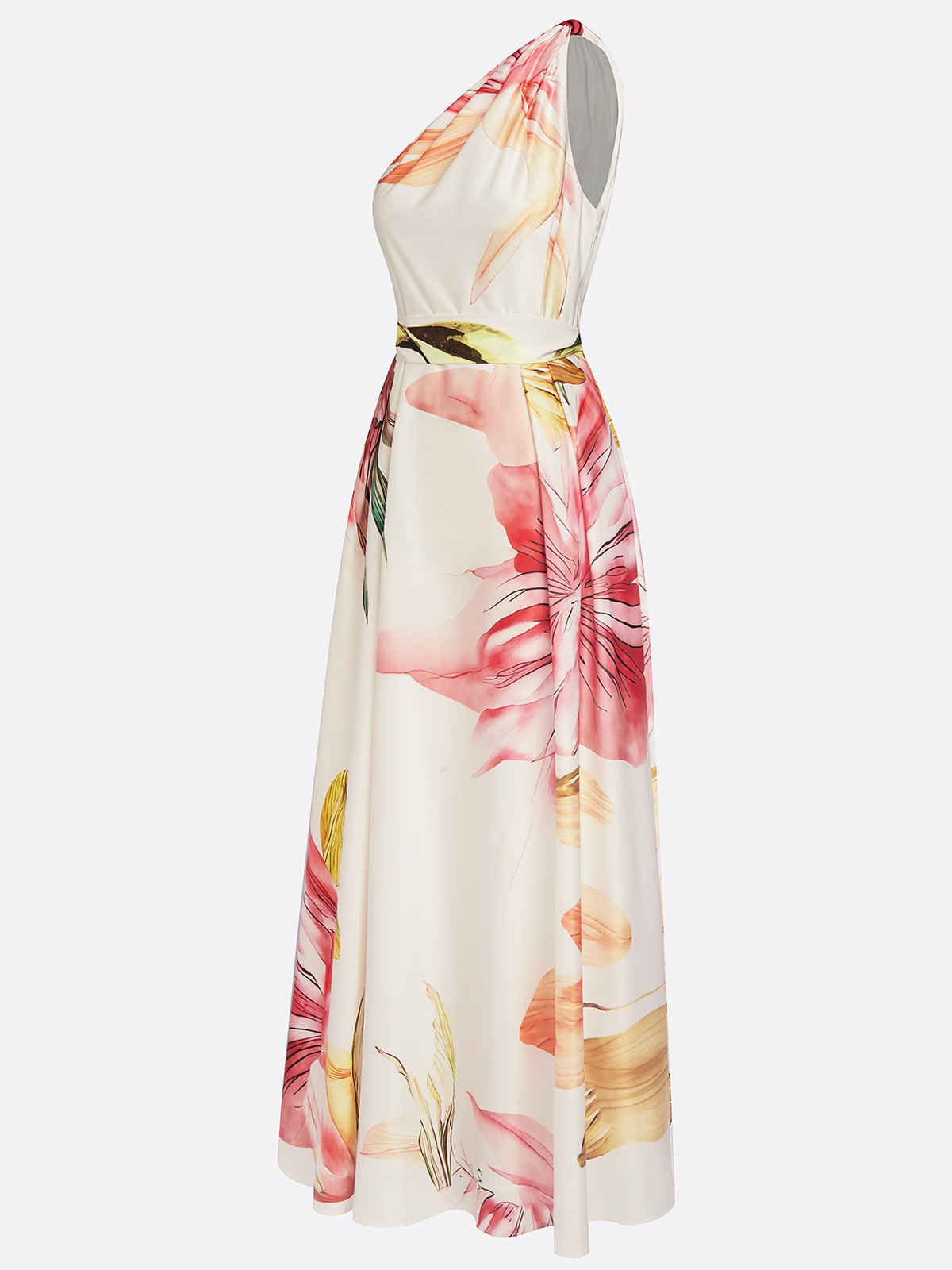 Floral One Shoulder Floor-length Gown With Pockets
