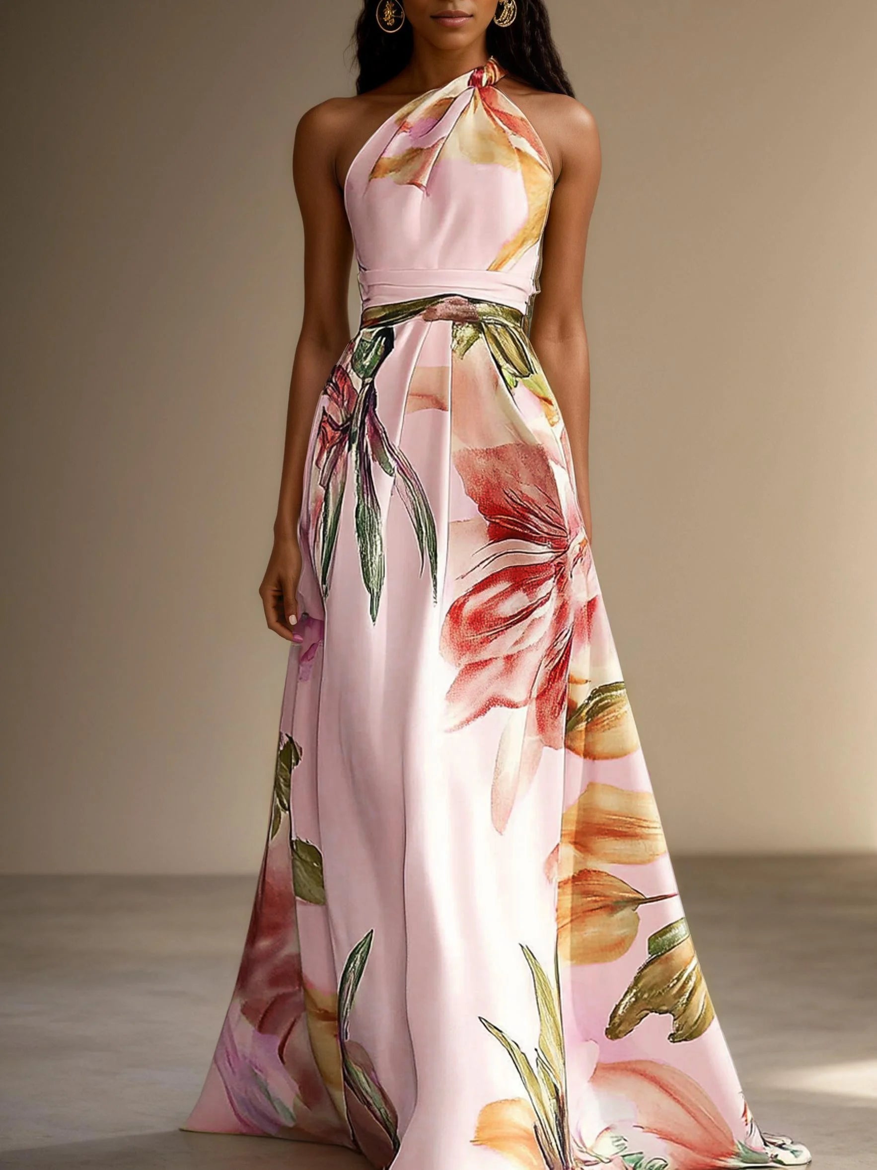 Floral One Shoulder Floor-length Gown With Pockets