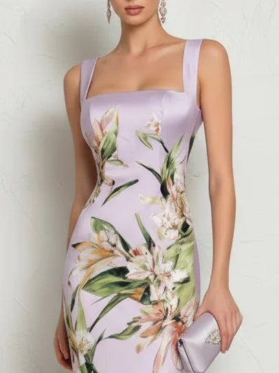 Floral Satin Midi Dress with Square Neck