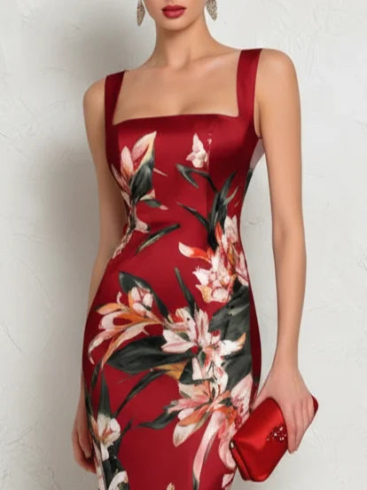Floral Satin Midi Dress with Square Neck