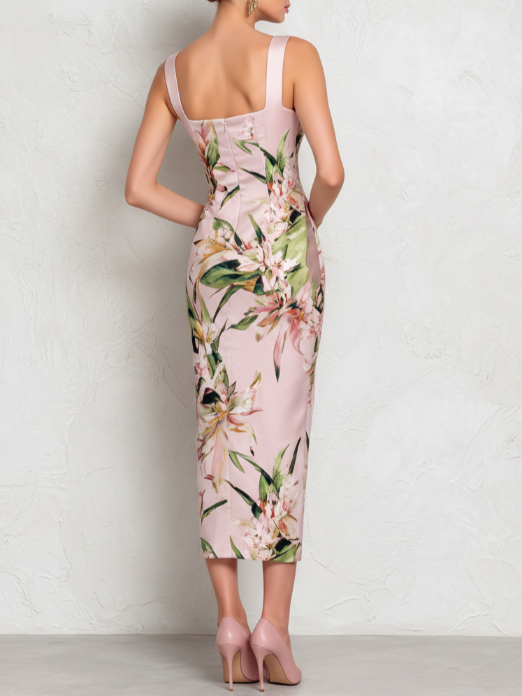 Floral Satin Midi Dress with Square Neck