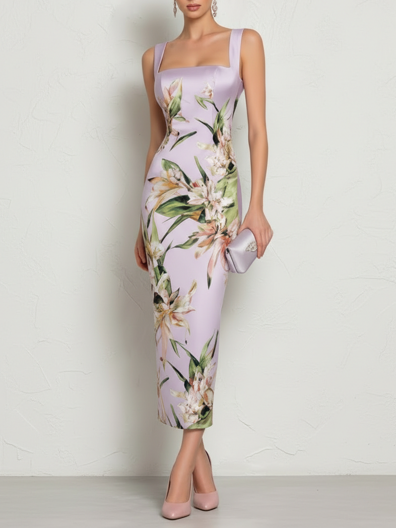 Floral Satin Midi Dress with Square Neck
