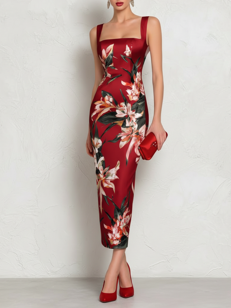 Floral Satin Midi Dress with Square Neck