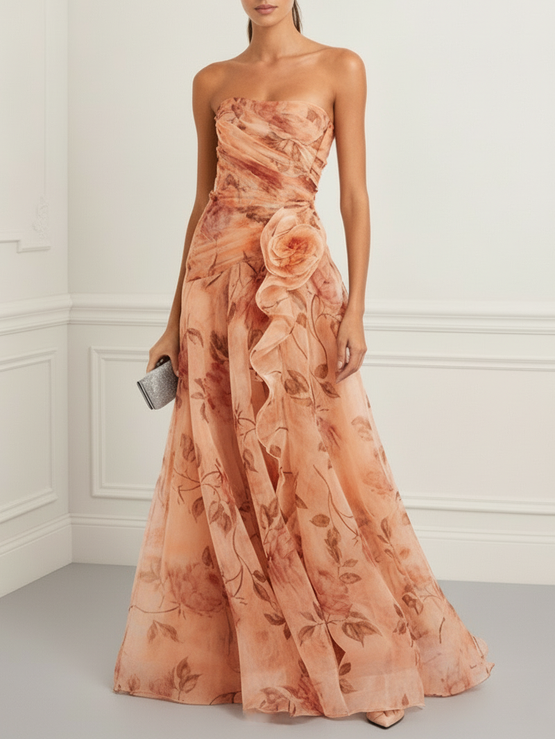 Tulle Strapless Dress with 3D Floral Design