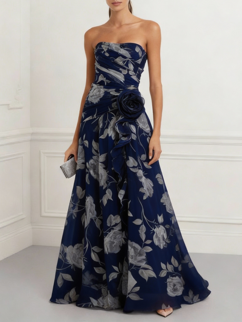 Tulle Strapless Dress with 3D Floral Design