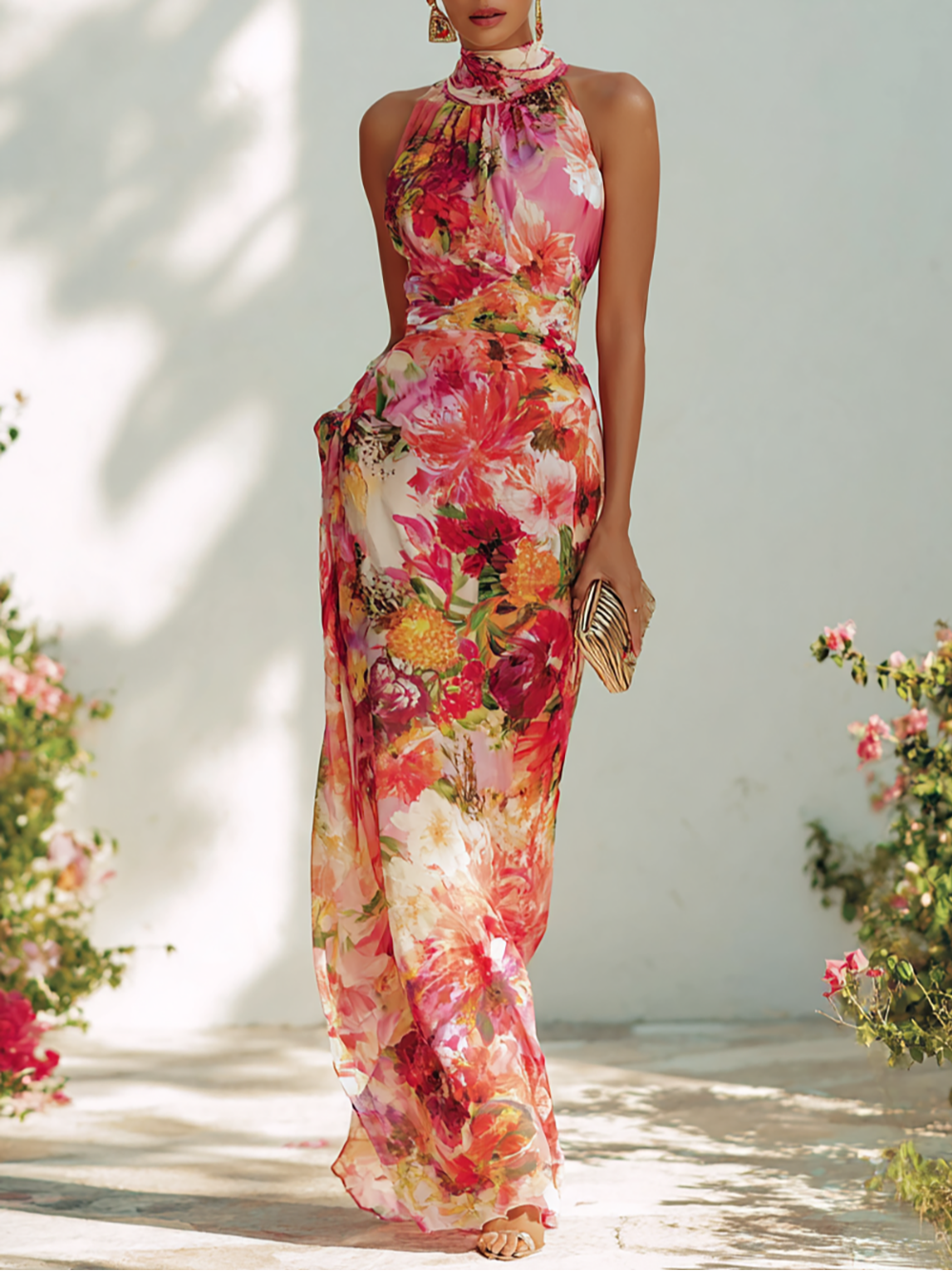 Floral Chiffon Sleeveless Maxi Dress with Halter Neck