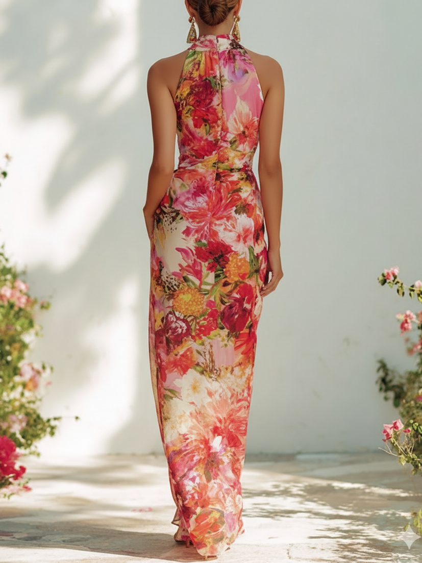 Floral Chiffon Sleeveless Maxi Dress with Halter Neck