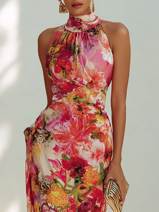 Floral Chiffon Sleeveless Maxi Dress with Halter Neck