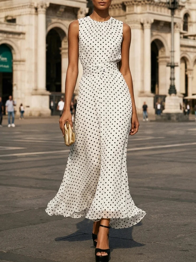 Polka Dots Chiffon Maxi Dress with Crew Neck