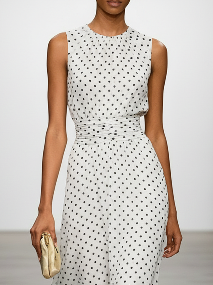 Polka Dots Chiffon Maxi Dress with Crew Neck
