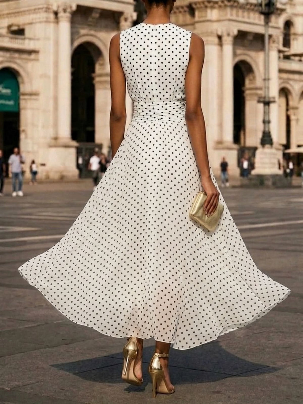 Polka Dots Chiffon Maxi Dress with Crew Neck