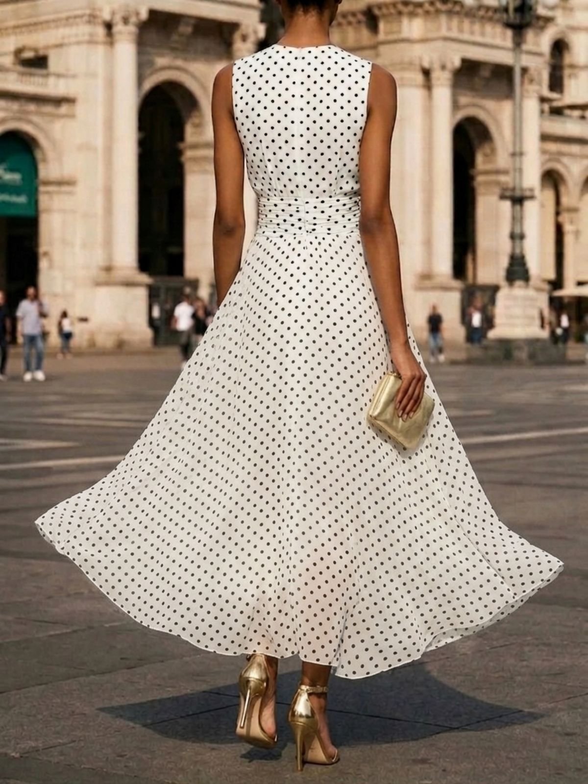 Polka Dots Chiffon Maxi Dress with Crew Neck