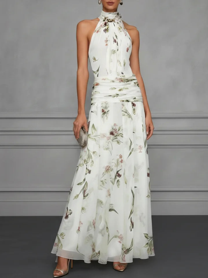 Floral Chiffon Sleeveless Dress with Halter Neck