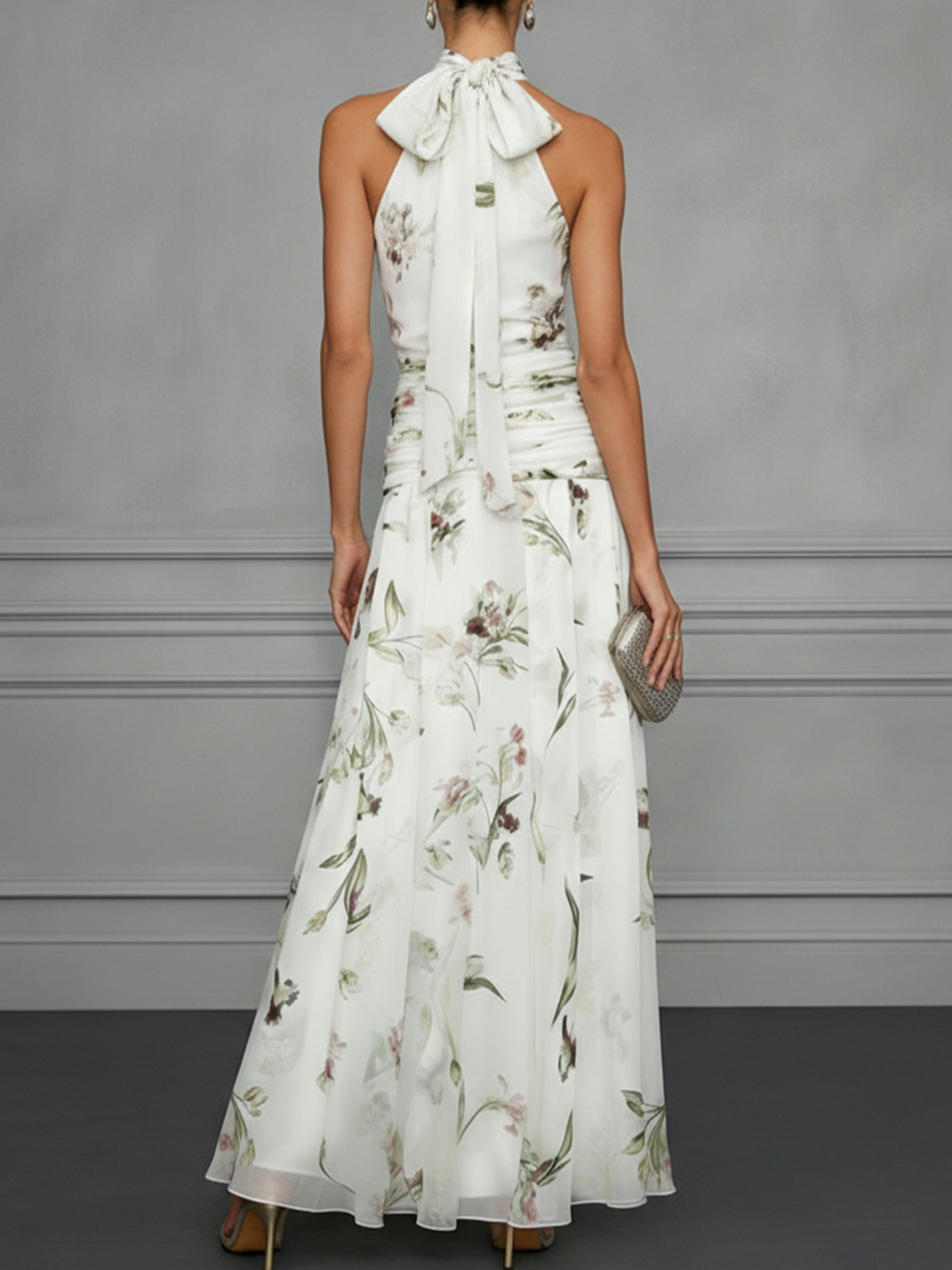 Floral Chiffon Sleeveless Dress with Halter Neck