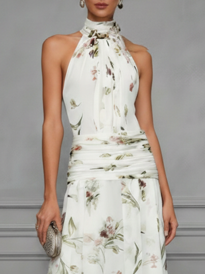 Floral Chiffon Sleeveless Dress with Halter Neck