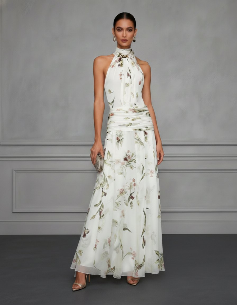 Floral Chiffon Sleeveless Dress with Halter Neck