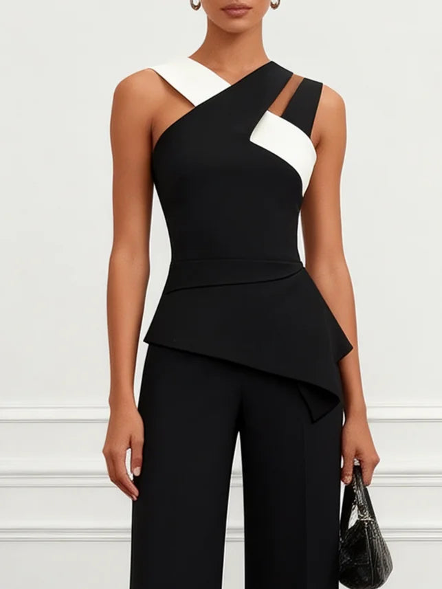 Asymmetric Color Block Crepe Jumpsuit with Pocket