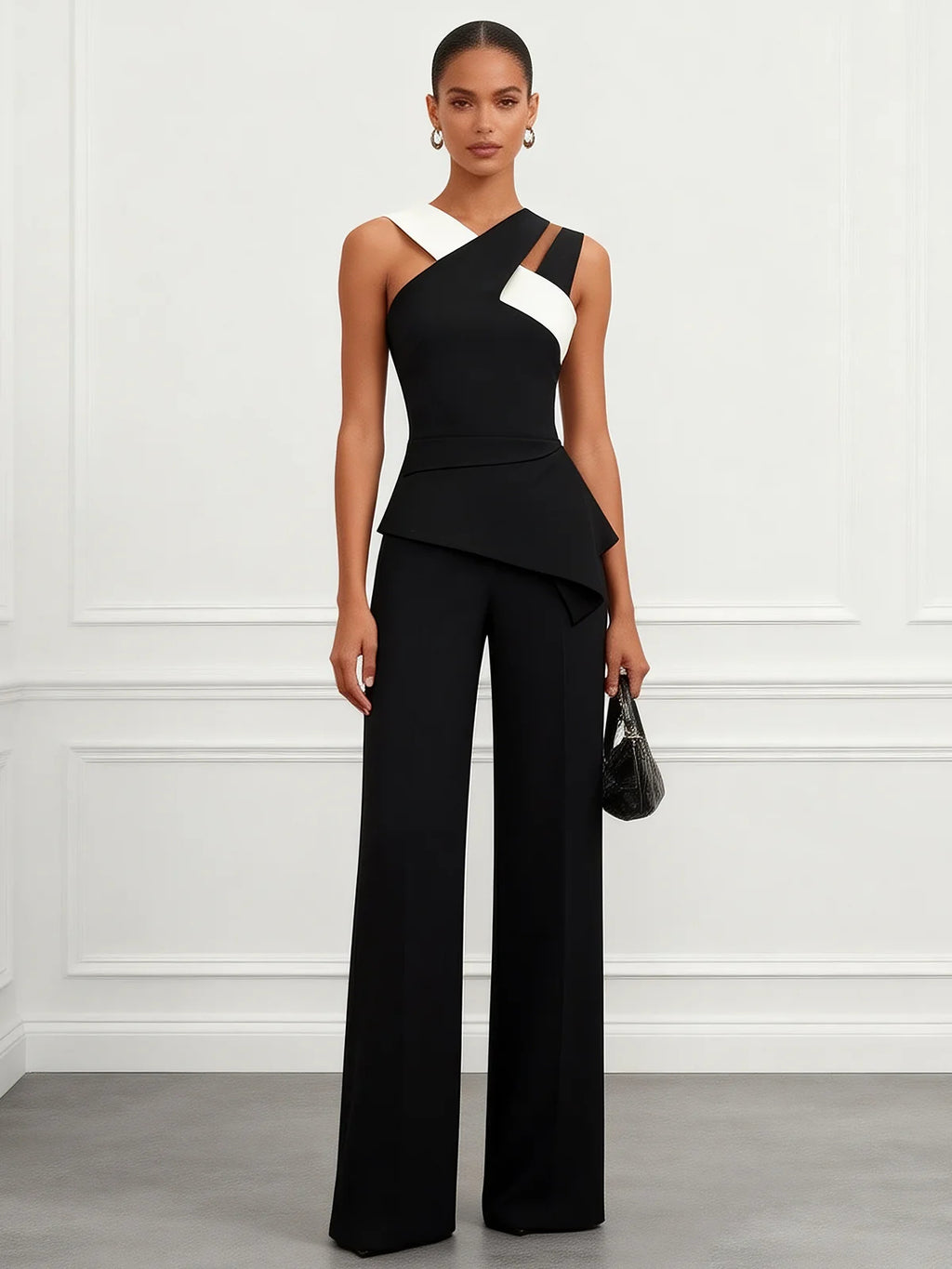 Asymmetric Color Block Crepe Jumpsuit with Pocket