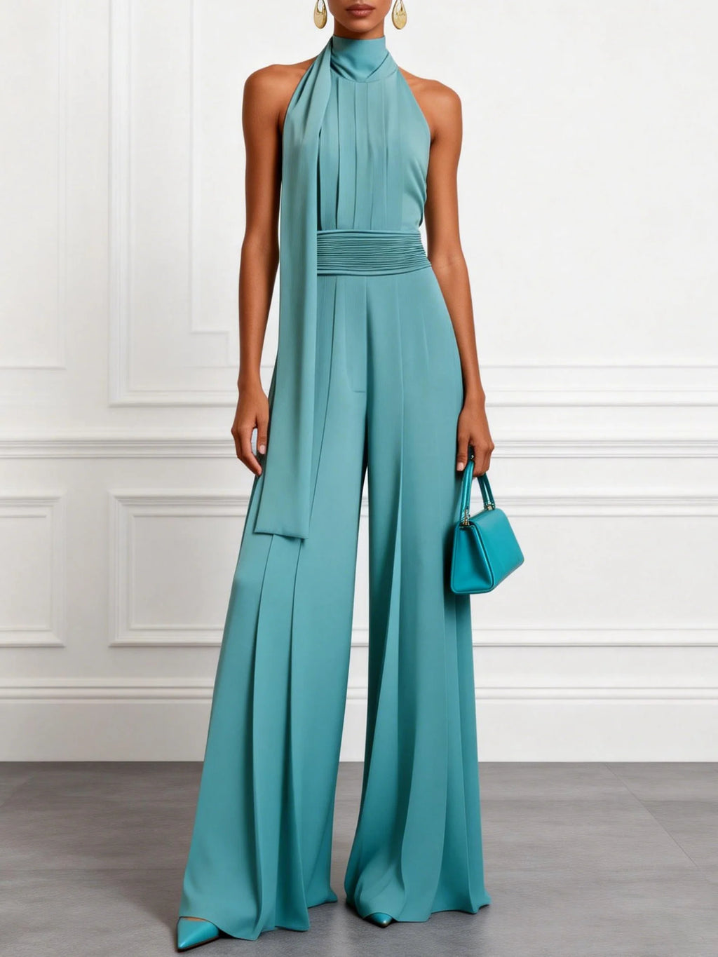 Ruched Halter Jumpsuit with Mock Neck