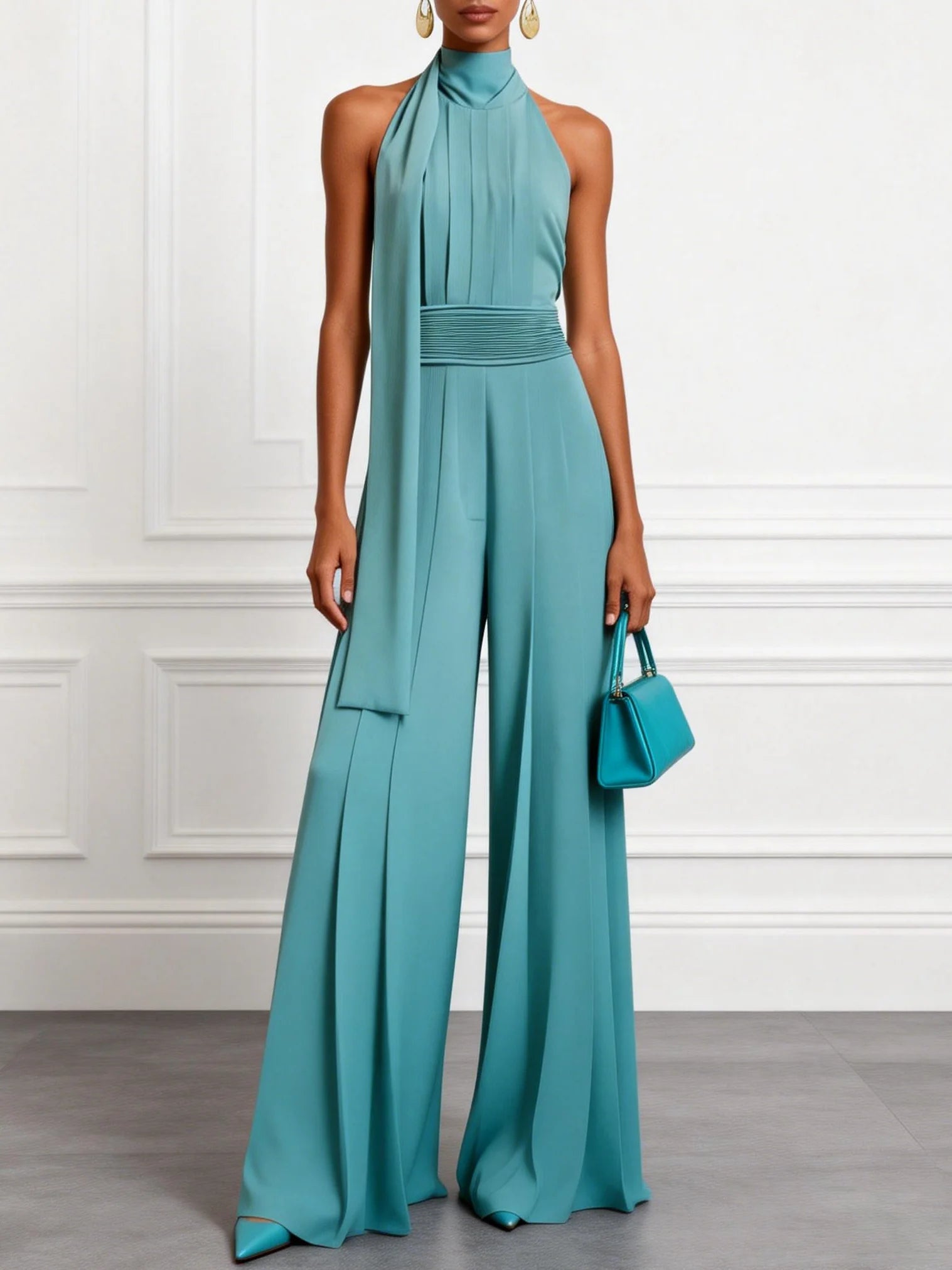 Ruched Halter Jumpsuit with Mock Neck