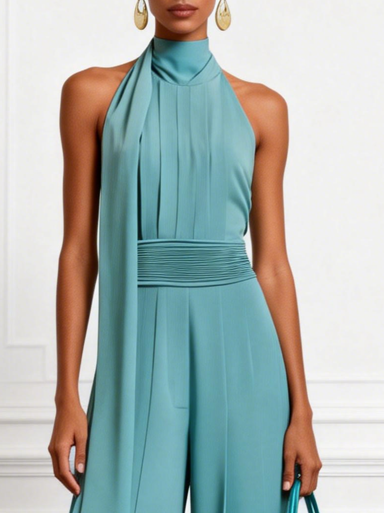 Ruched Halter Jumpsuit with Mock Neck