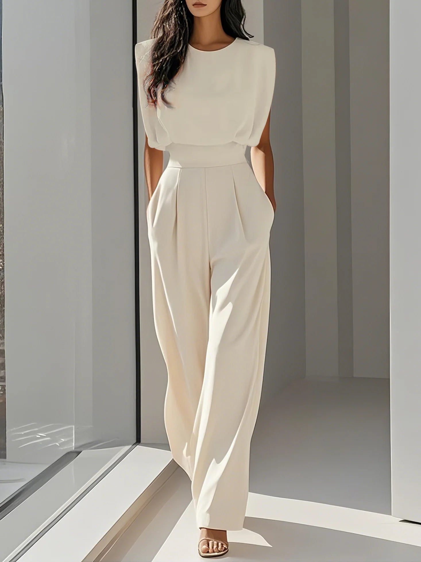 Crew Neck Sleeveless Dressy Jumpsuit with Pockets