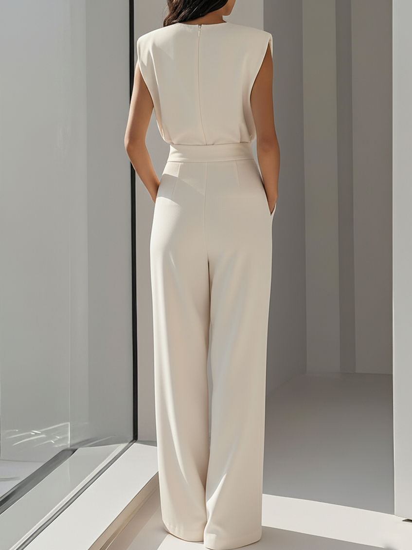 Crew Neck Sleeveless Dressy Jumpsuit with Pockets