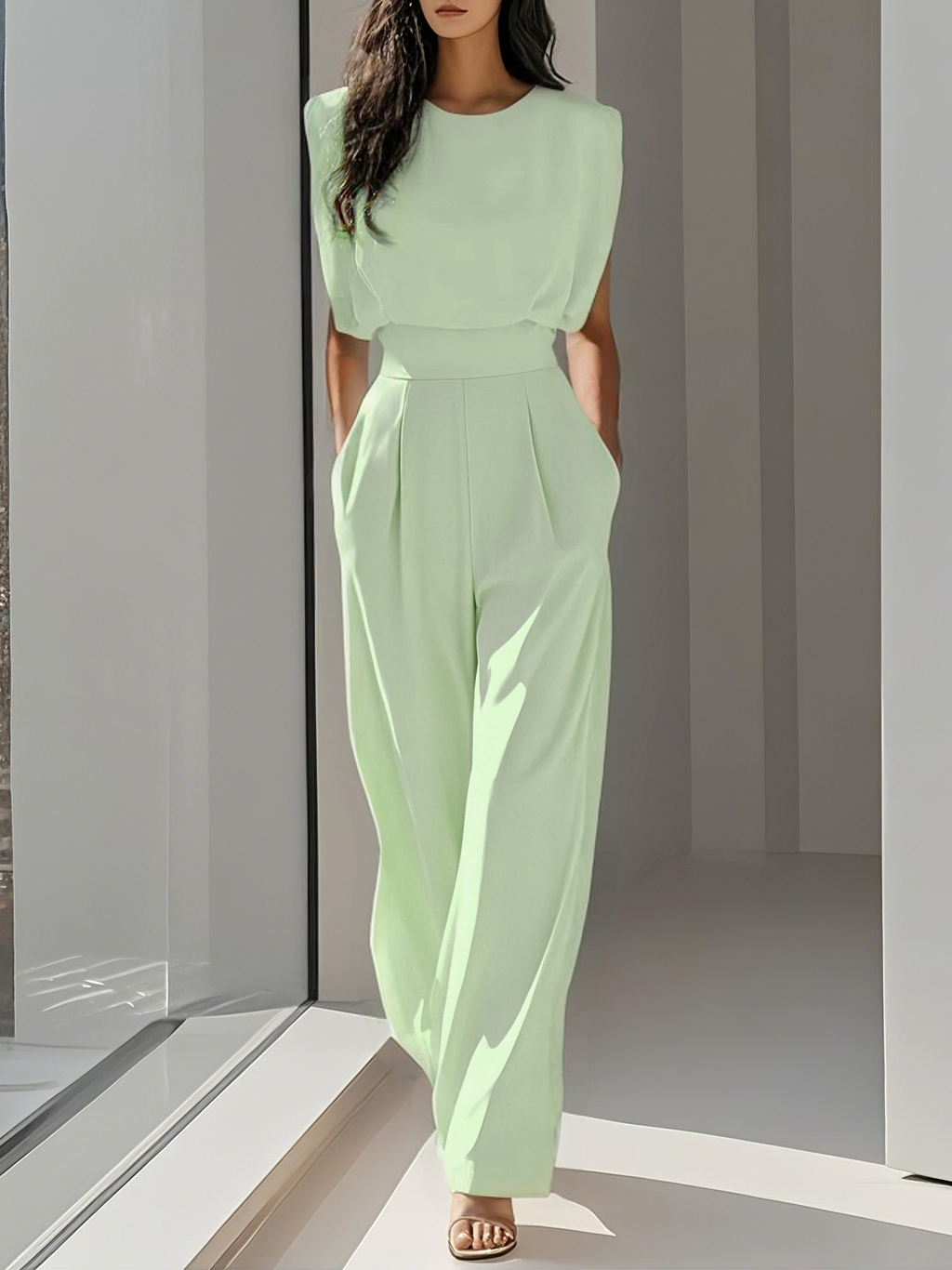 Crew Neck Sleeveless Dressy Jumpsuit with Pockets
