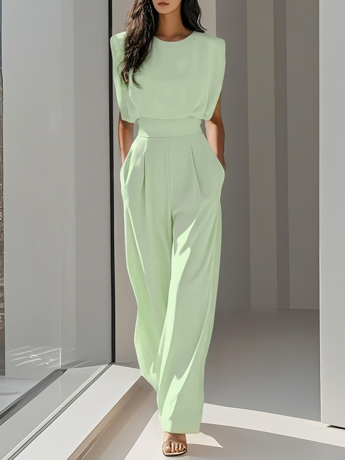Crew Neck Sleeveless Dressy Jumpsuit with Pockets