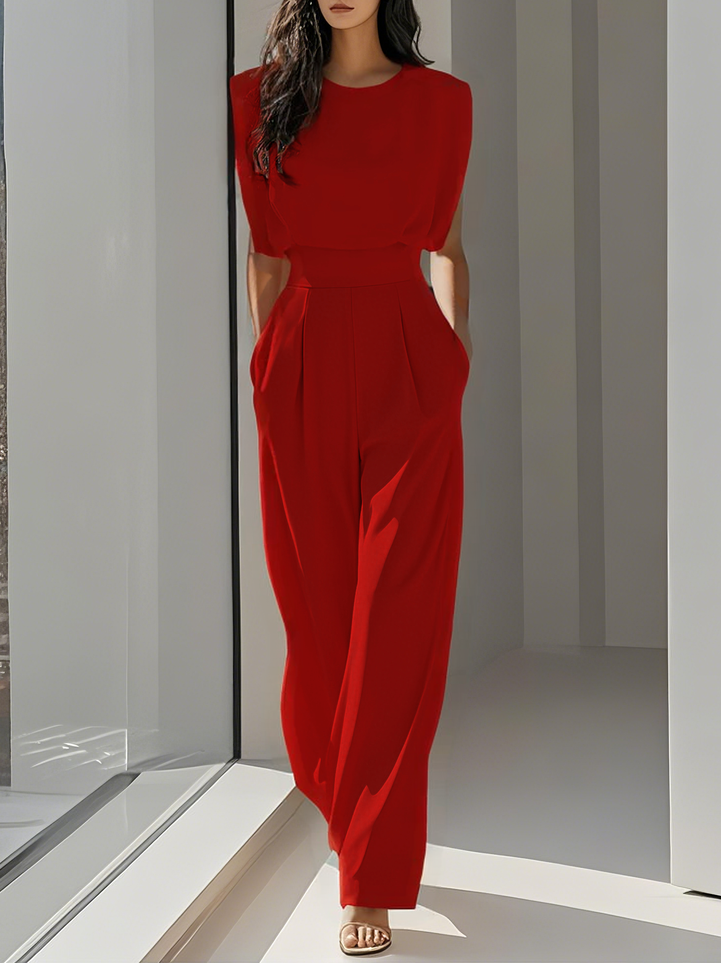 Crew Neck Sleeveless Dressy Jumpsuit with Pockets