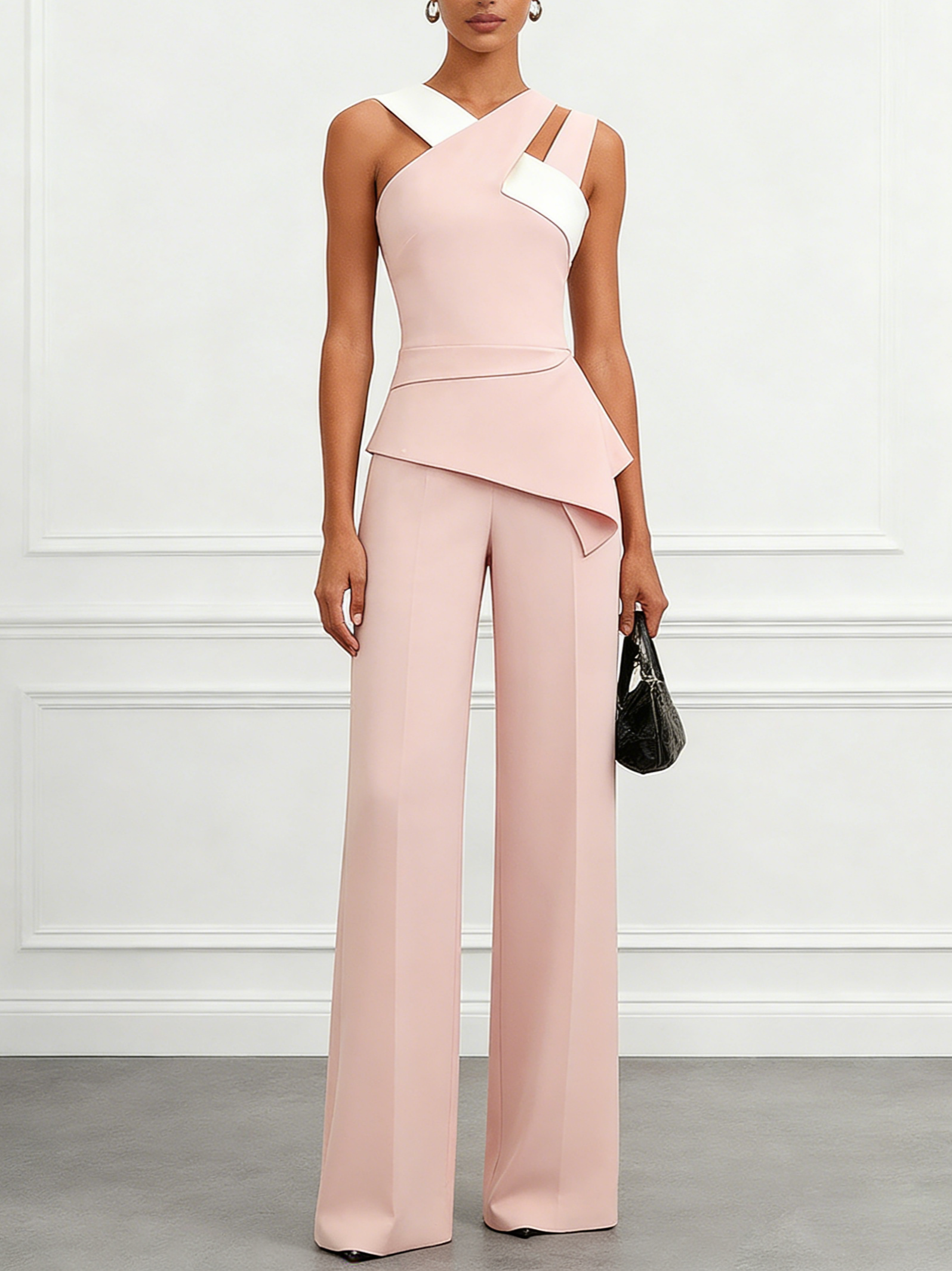 Asymmetric Color Block Crepe Jumpsuit with Pocket