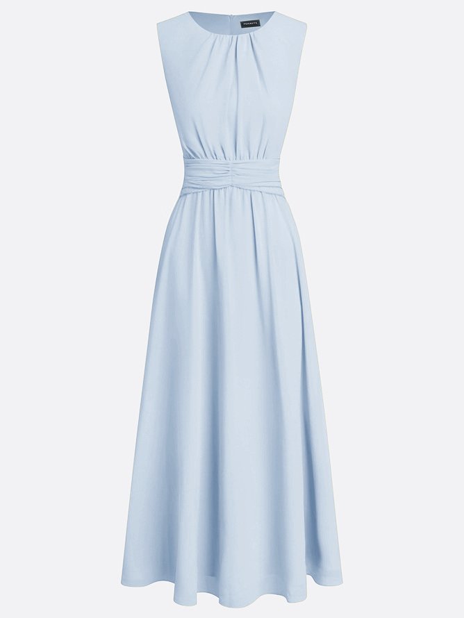 A-Line Chiffon Sleeveless Dress with Ruched Crew Neck