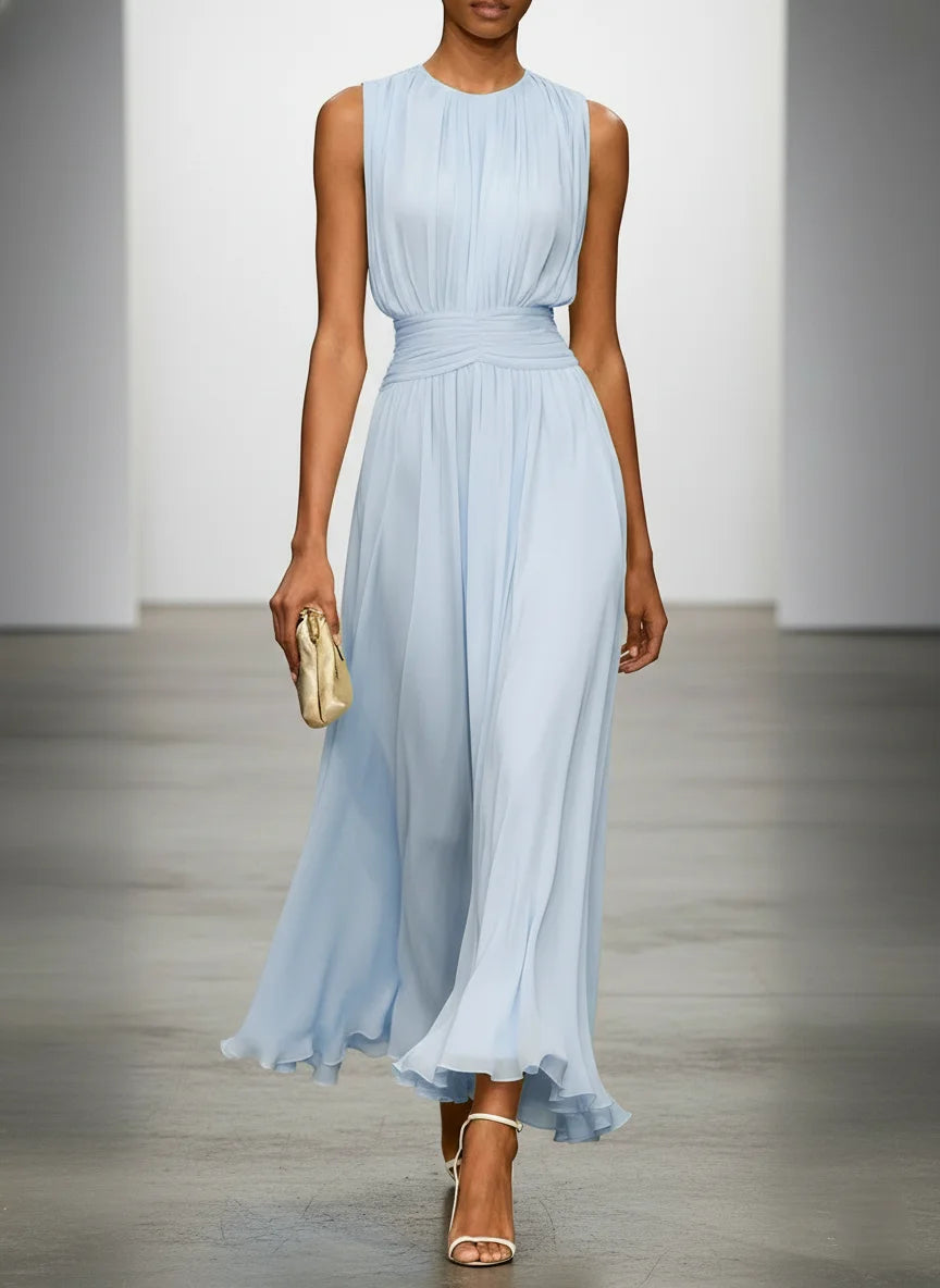 A-Line Chiffon Sleeveless Dress with Ruched Crew Neck