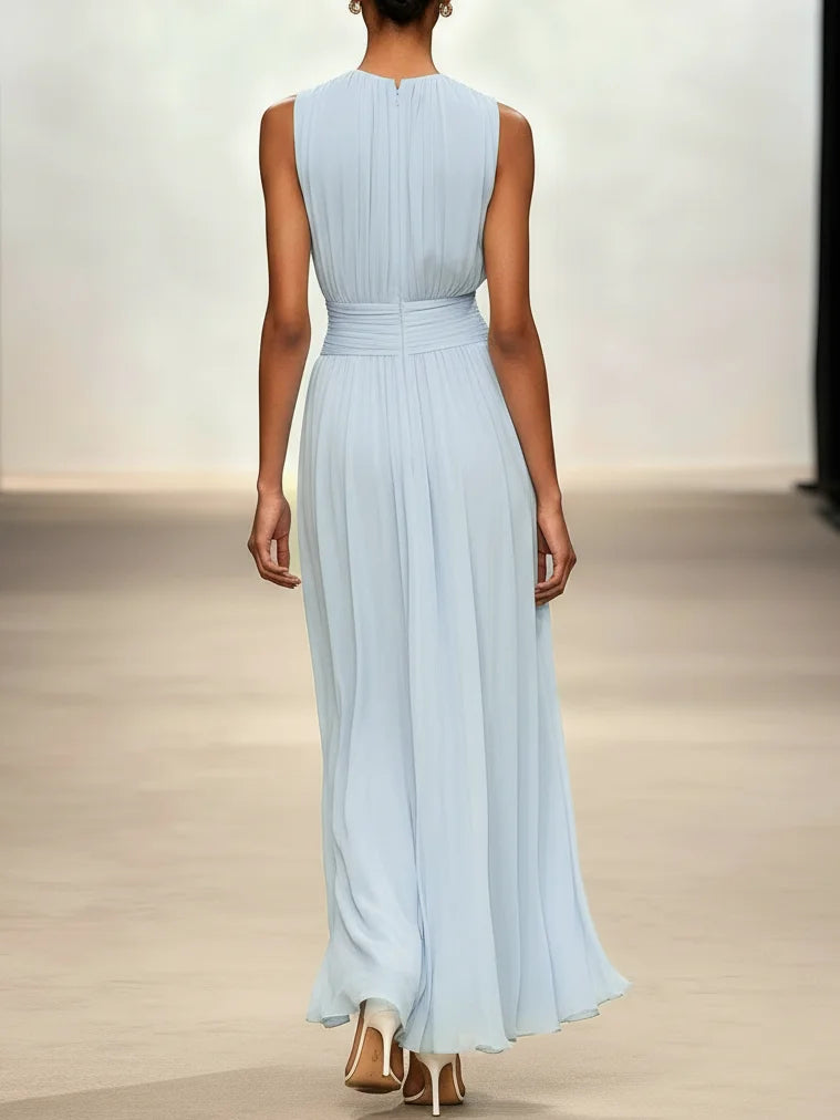 A-Line Chiffon Sleeveless Dress with Ruched Crew Neck