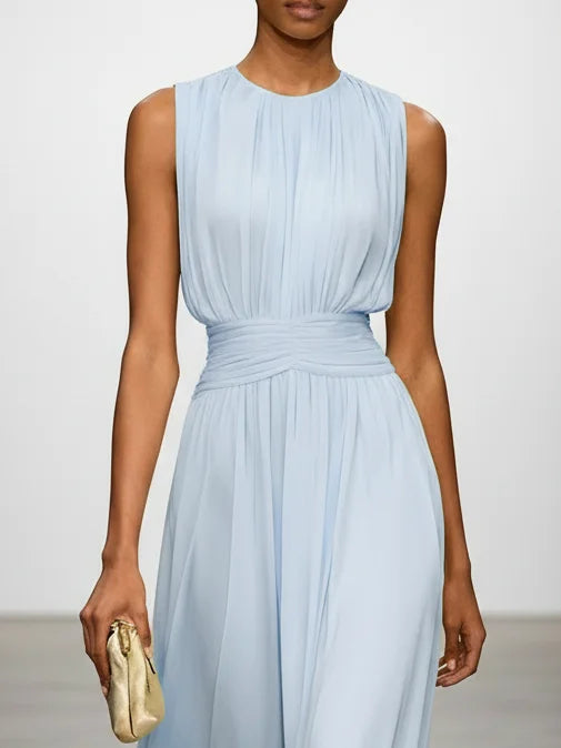 A-Line Chiffon Sleeveless Dress with Ruched Crew Neck