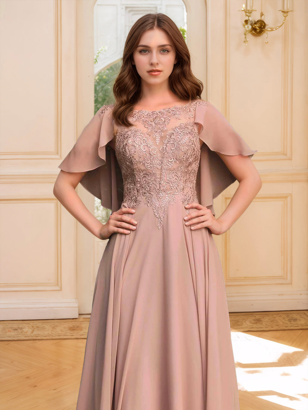 Smoky Blue Butterfly-sleeved A-line Dress with Lace