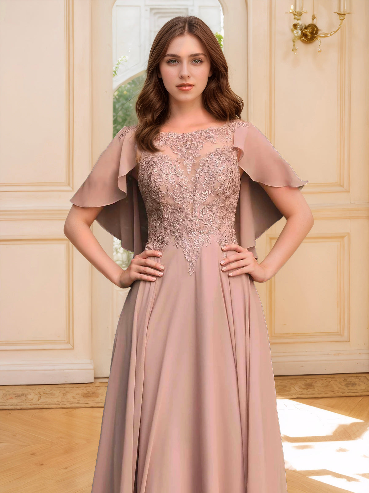 Smoky Blue Butterfly-sleeved A-line Dress with Lace