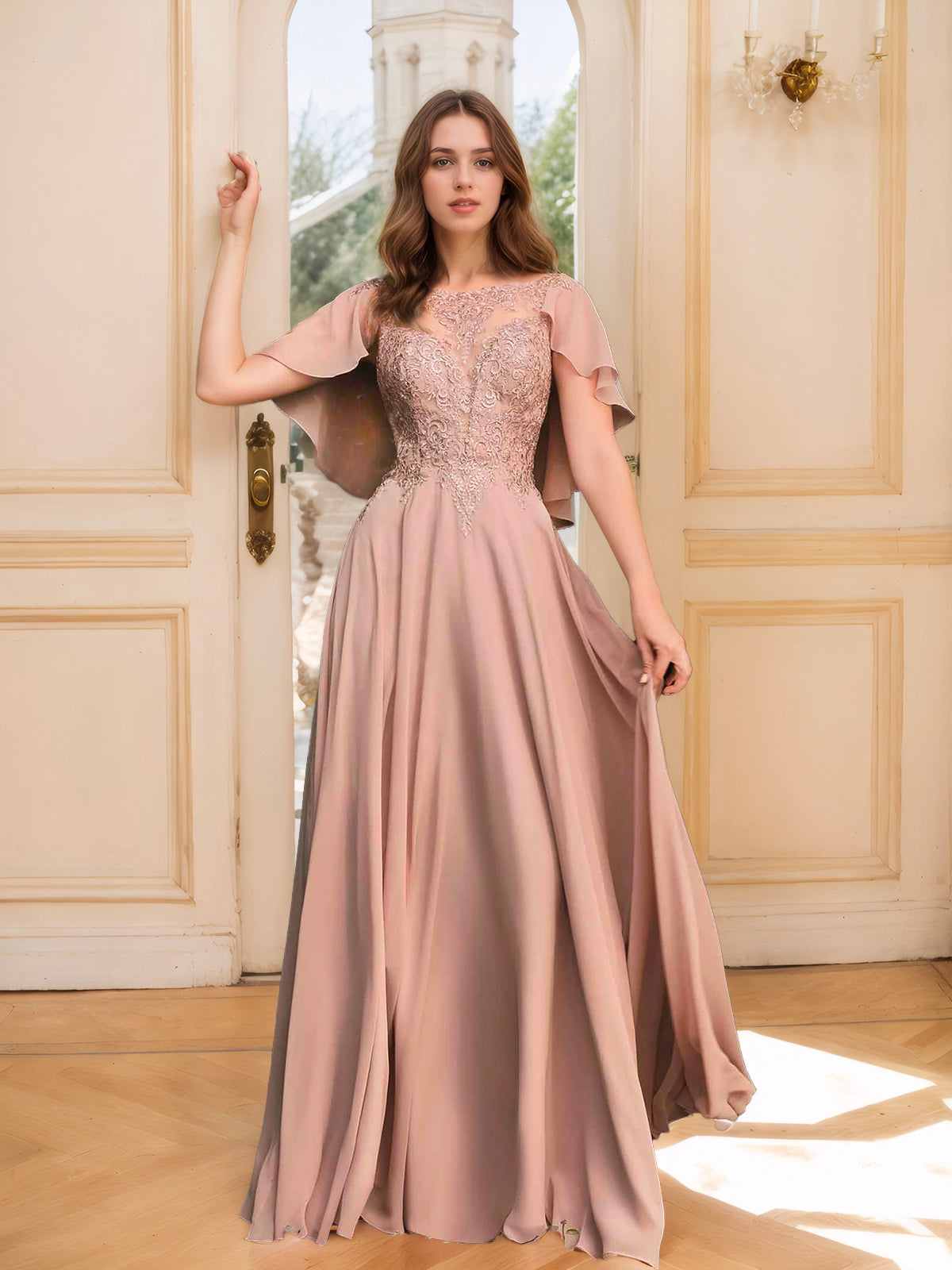 Smoky Blue Butterfly-sleeved A-line Dress with Lace