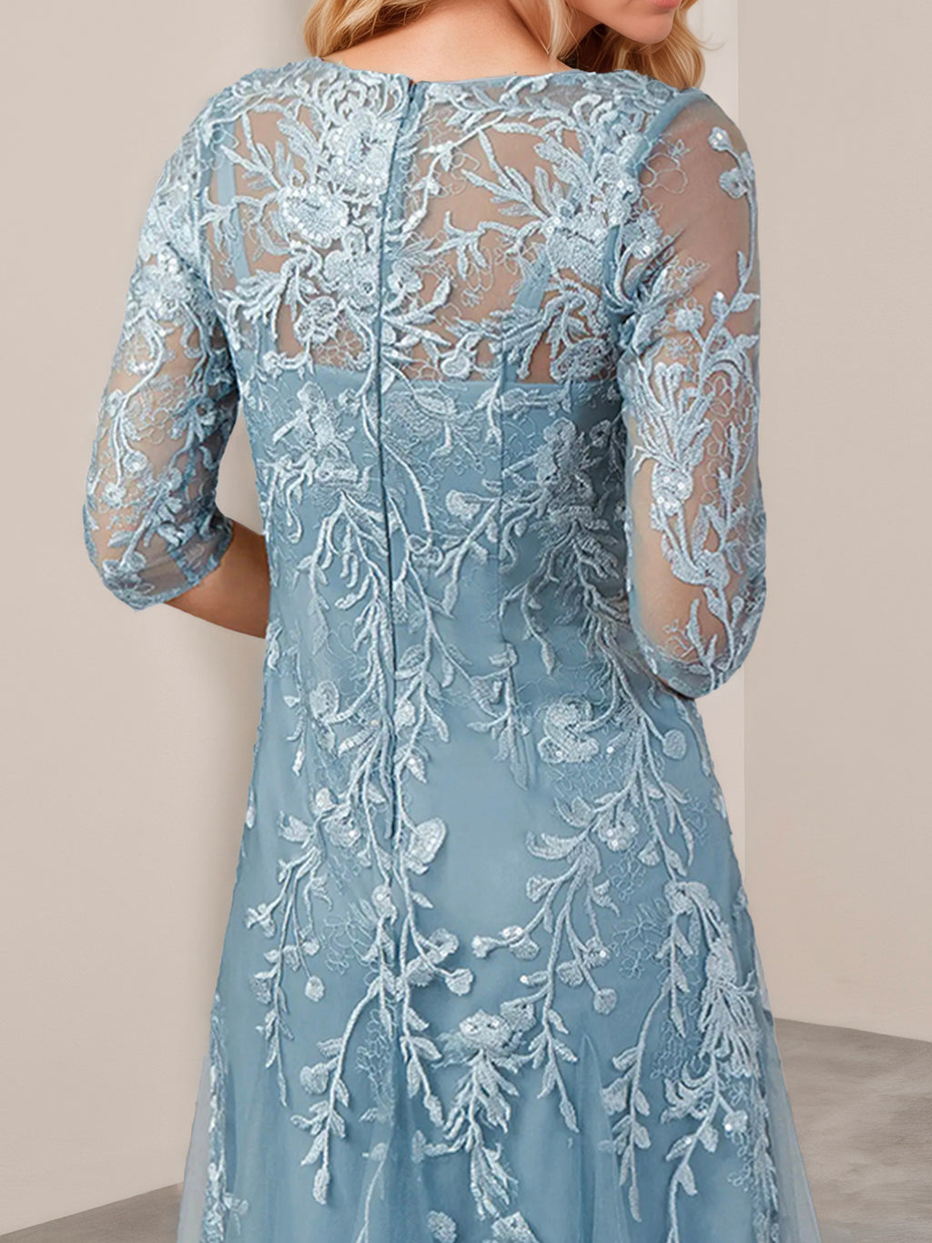 Ice Blue Elegant Lace A-Line Gown with Tulle