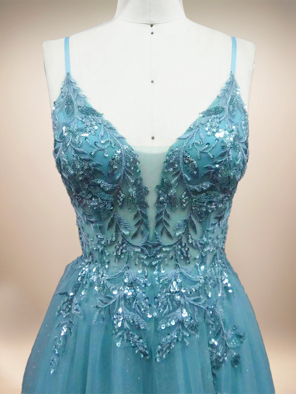 Aqua A-Line V-Neck Dress with Lace-Up Back